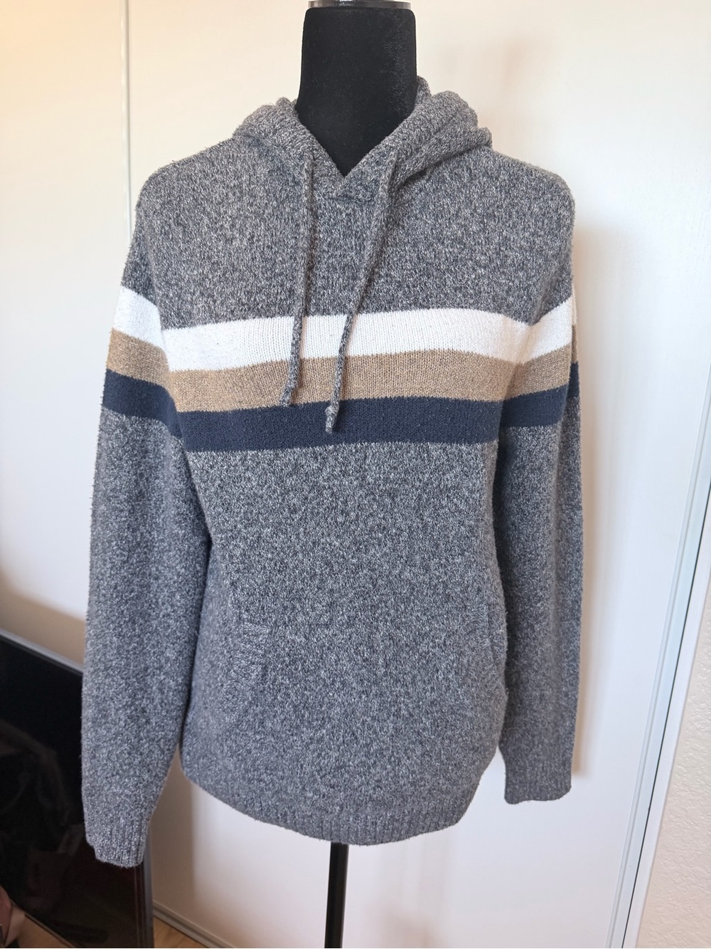 Old Navy Gray Hooded Sweater with White, Tan & Navy Stripes